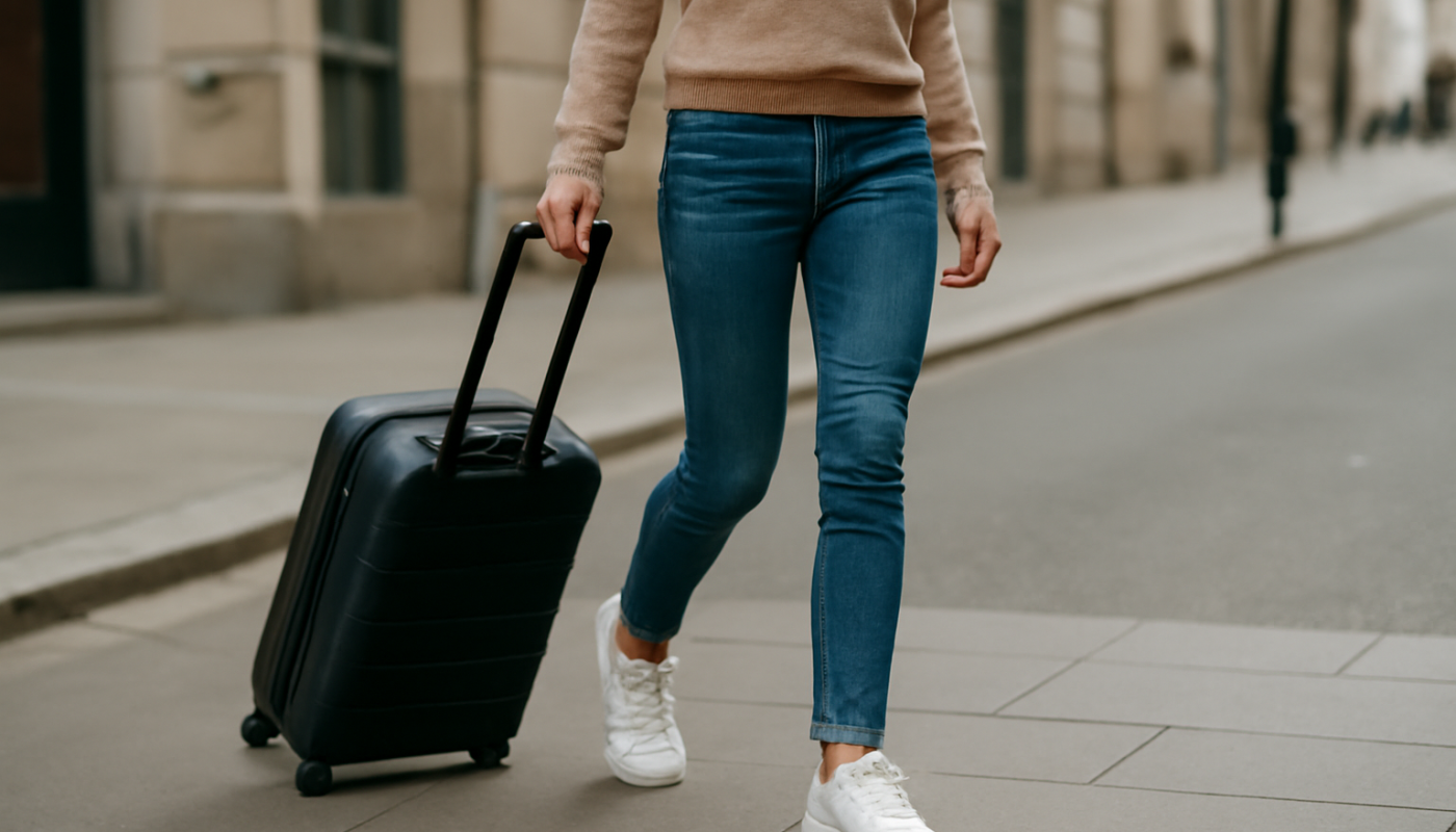 femme marchant en baskets avec valise