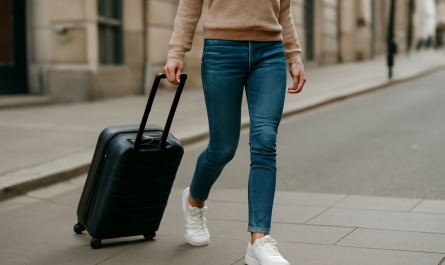 femme marchant en baskets avec valise