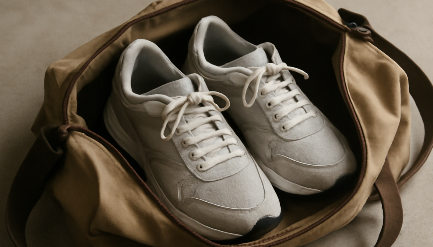 paire de baskets compacte dans sac de voyage