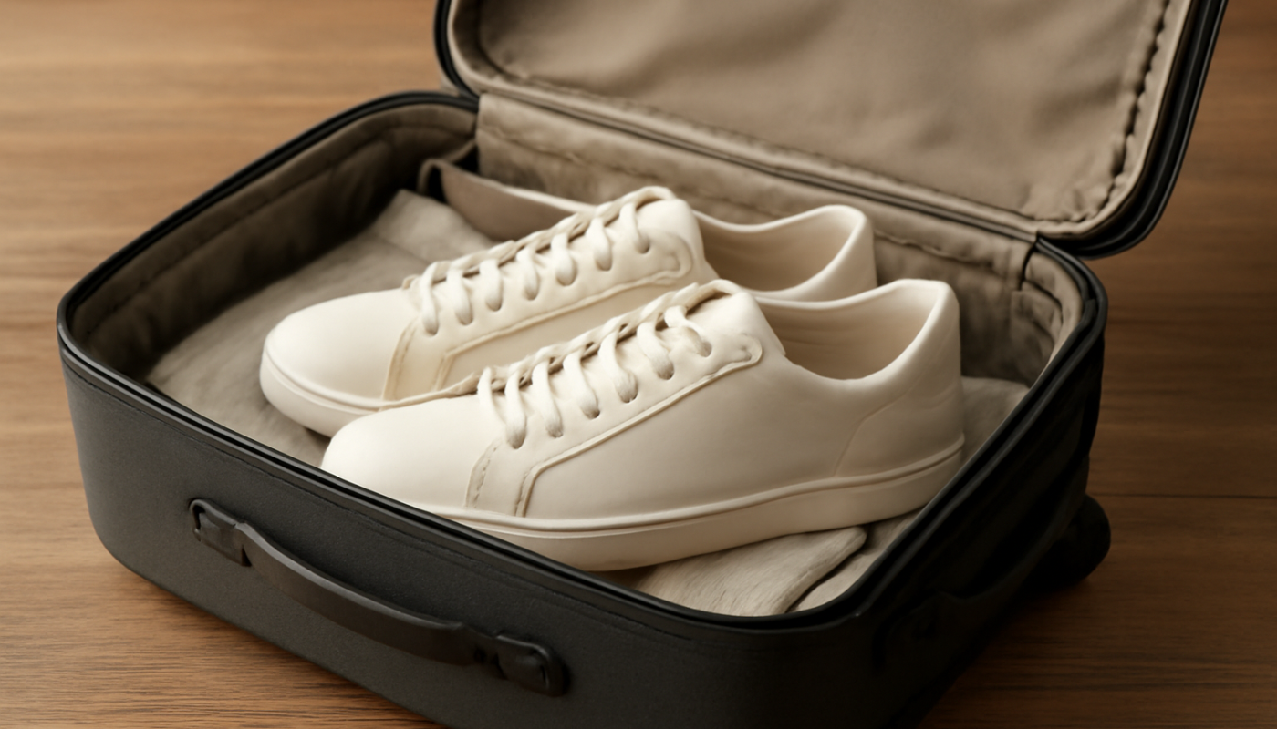 valise ouverte avec paire de baskets élégantes