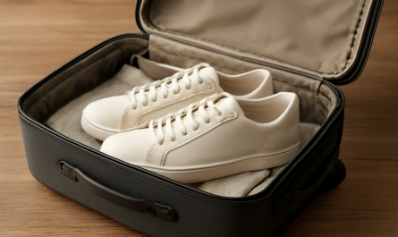 valise ouverte avec paire de baskets élégantes