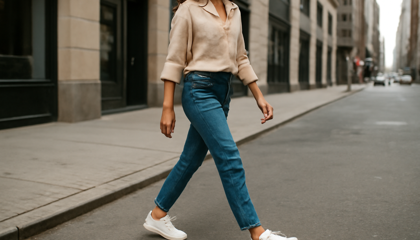 femme marchant en baskets blanches en ville