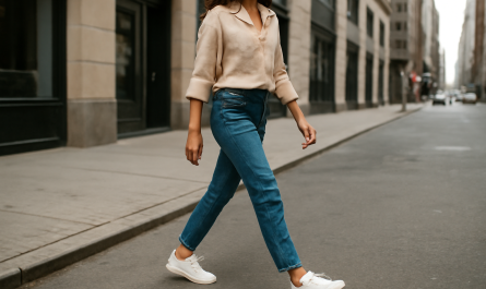femme marchant en baskets blanches en ville