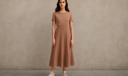 femme en robe midi et baskets montantes