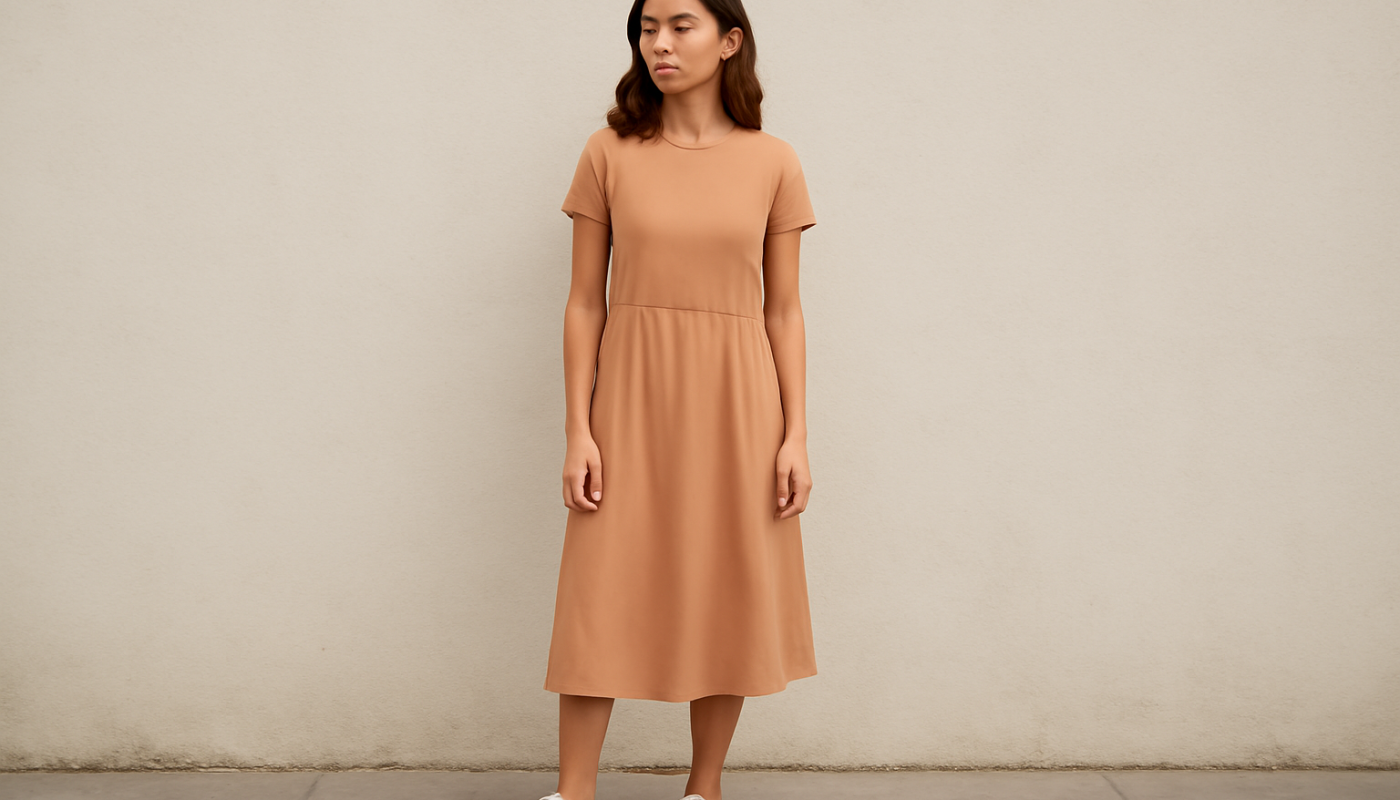 femme portant robe midi et baskets basses