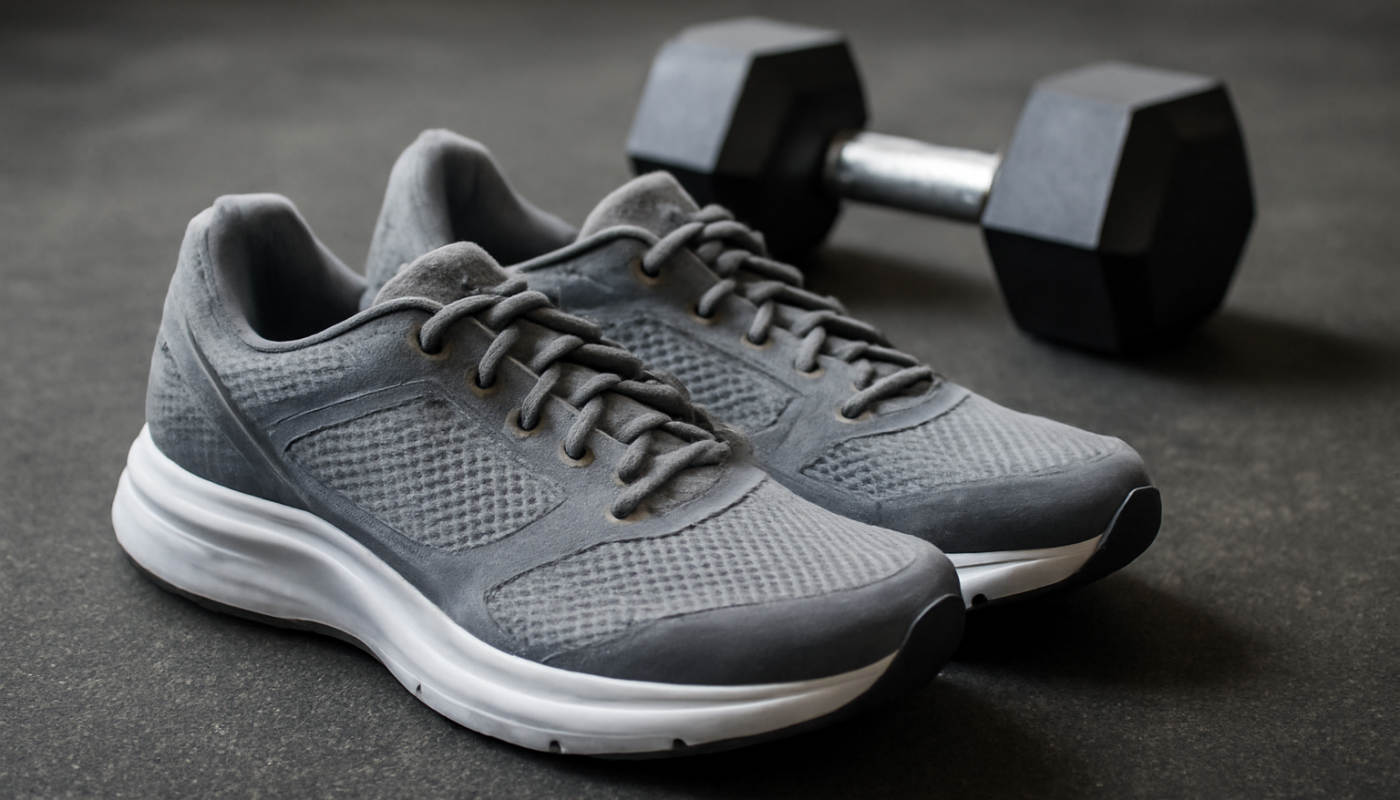 paire de baskets de running pres de halteres