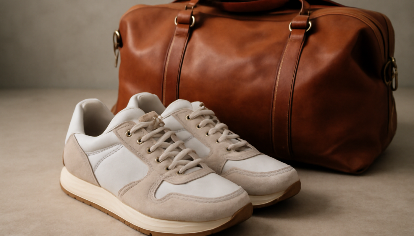 baskets posees pres d'un sac de voyage