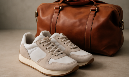 baskets posees pres d'un sac de voyage