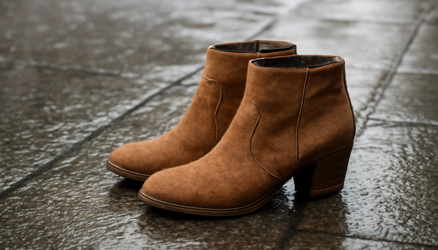 bottines en daim sur trottoir mouille