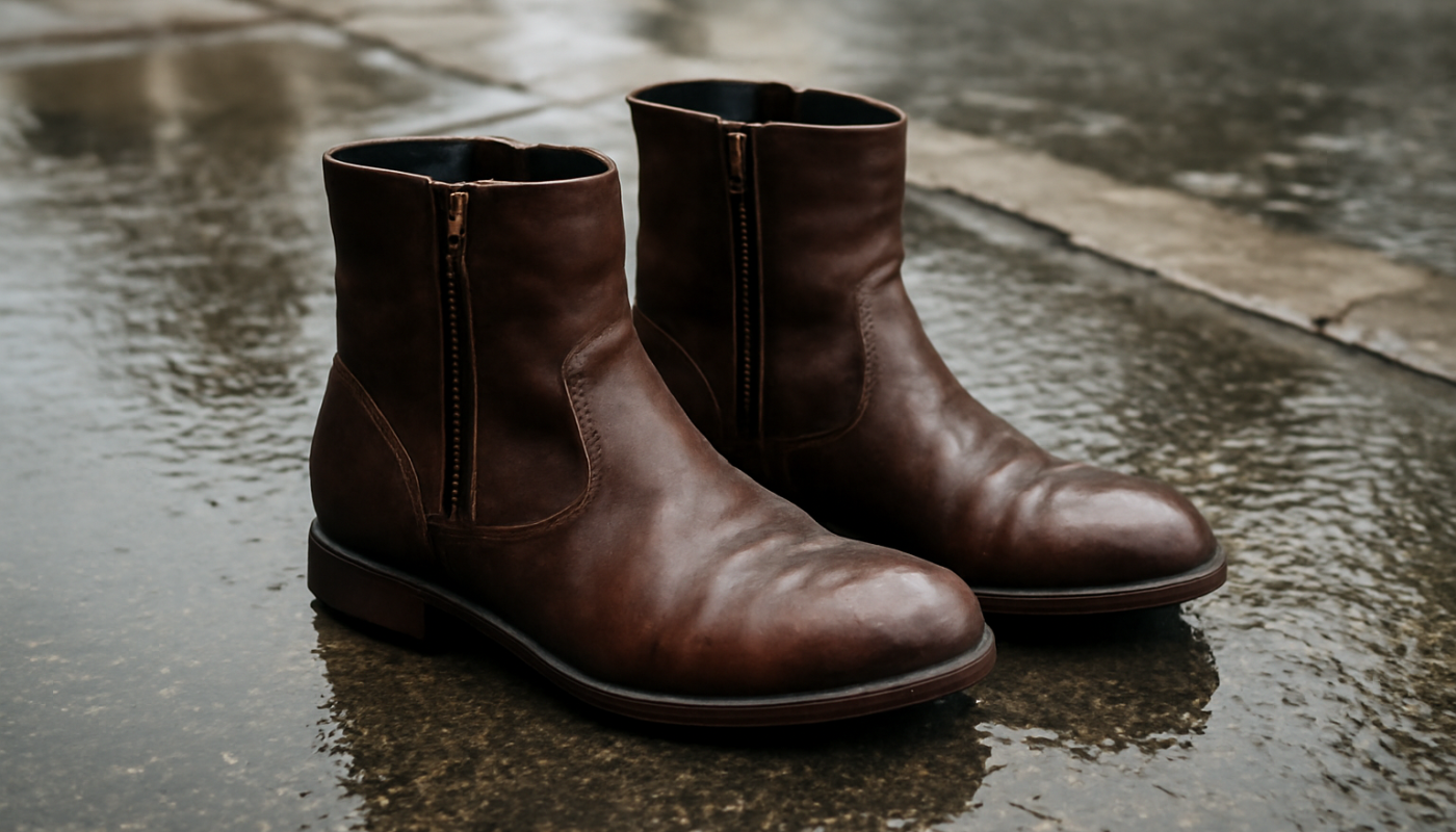 paire de bottines posees sur trottoir mouille