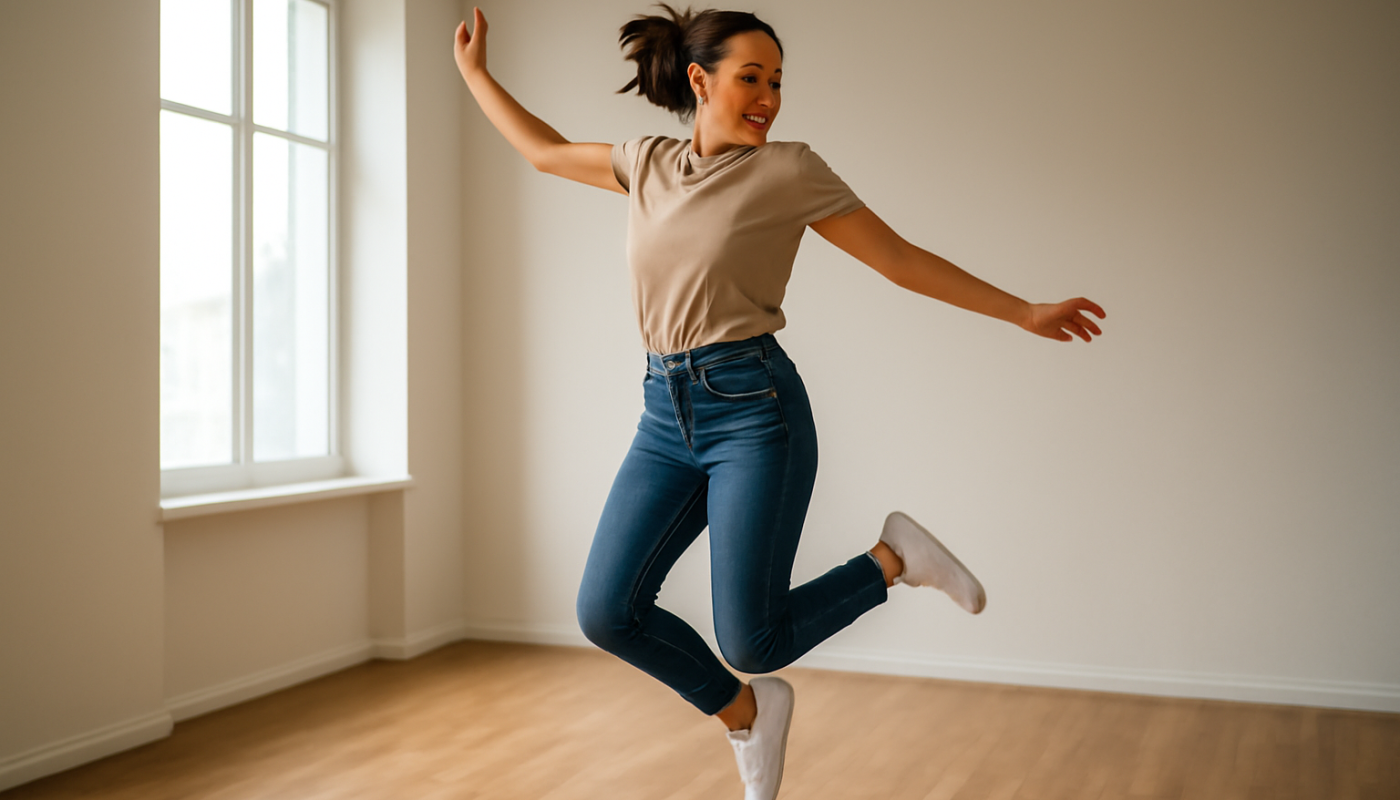 femme sautant en baskets dans une salle