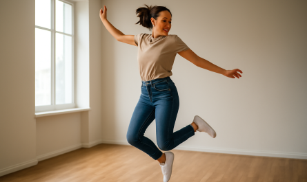 femme sautant en baskets dans une salle