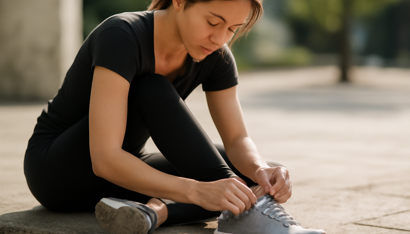 femme attachant lacets de chaussures de sport