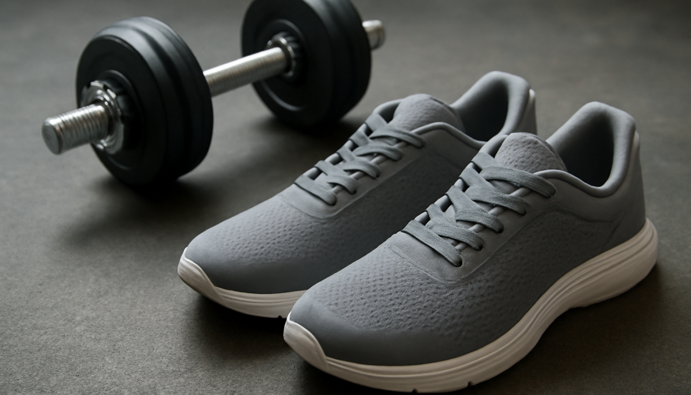 paire de baskets de sport près d'haltères