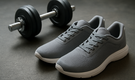 paire de baskets de sport près d'haltères