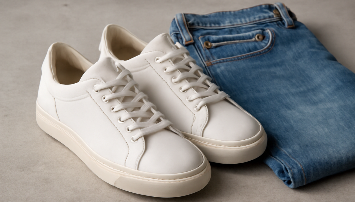 baskets posées près d'un jean décontracté