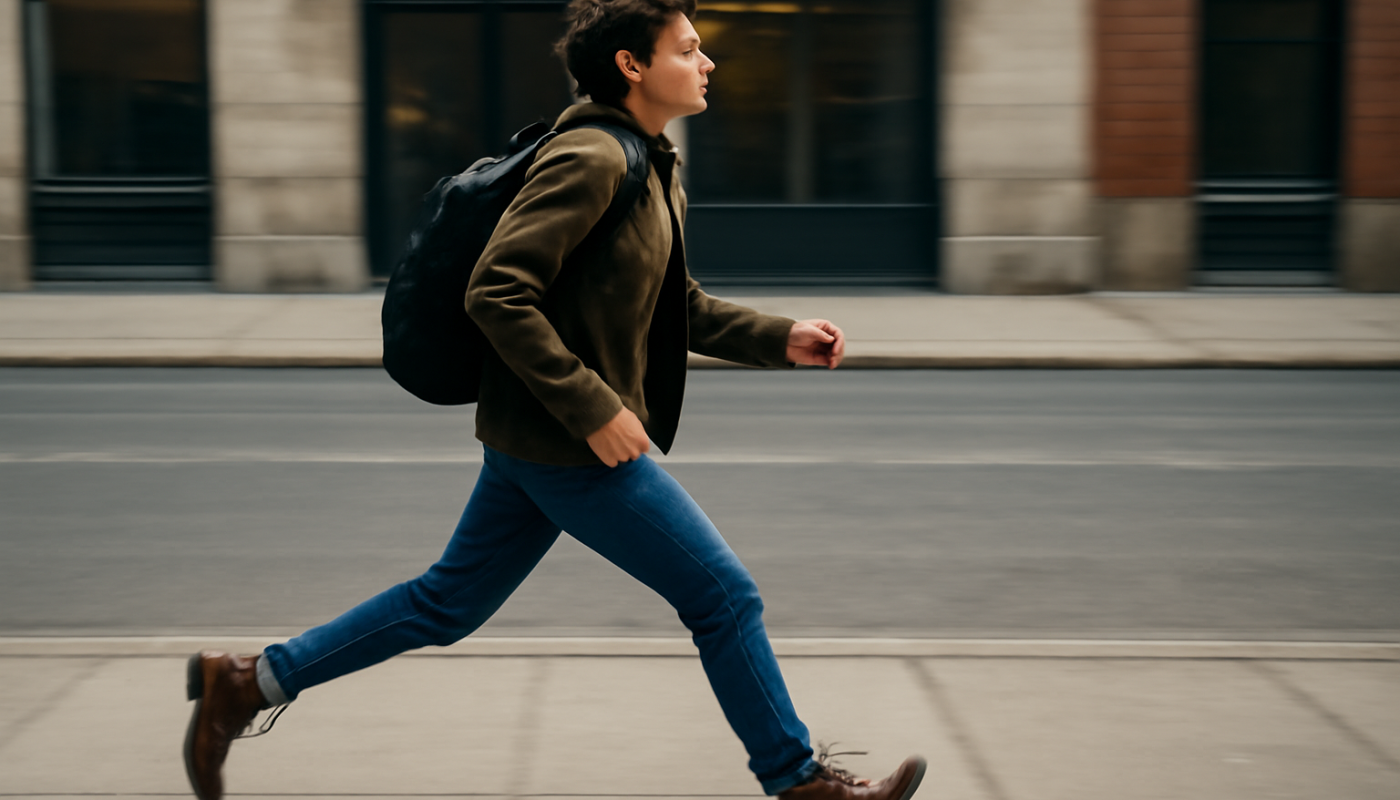 personne marchant rapidement sur trottoir urbain