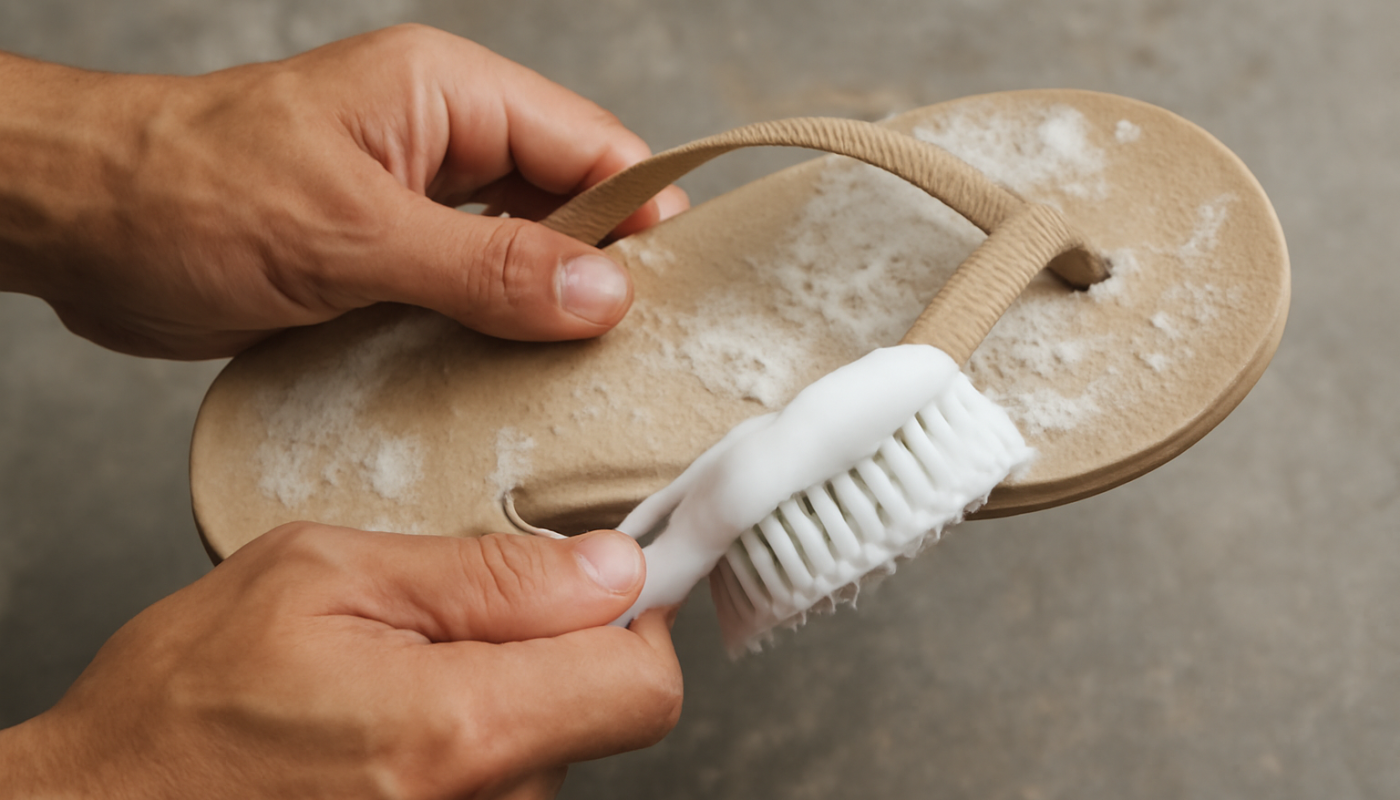 mains frottant des tongs avec une brosse