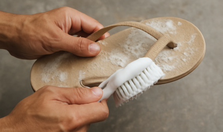 mains frottant des tongs avec une brosse