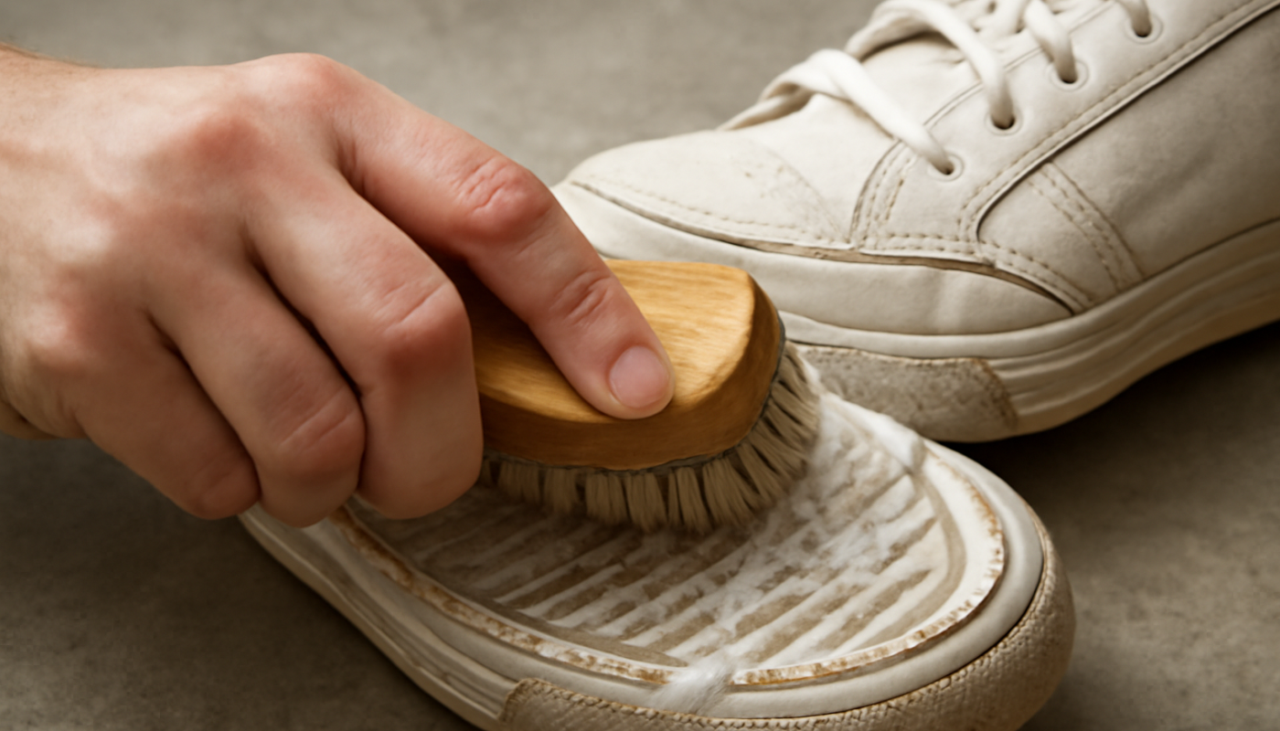 main frottant la semelle d'une basket avec brosse