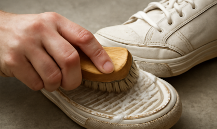 main frottant la semelle d'une basket avec brosse
