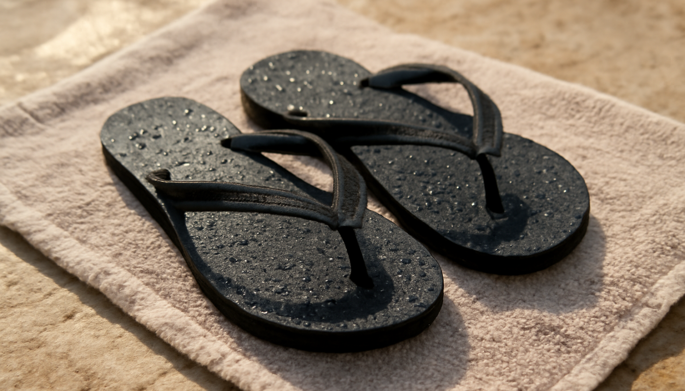 tongs humides posees sur serviette exterieure
