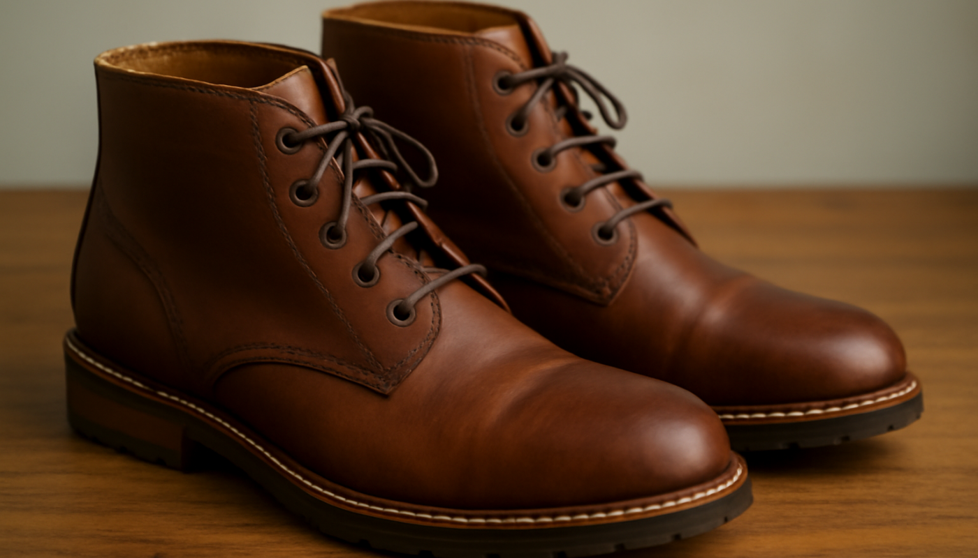 bottines en cuir posees sur table