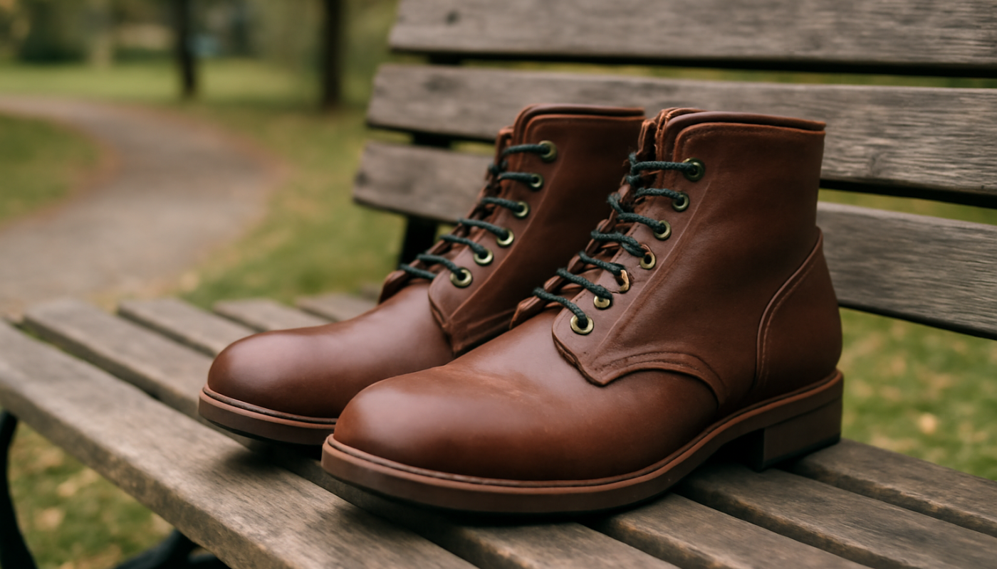 bottines posees sur un banc de parc
