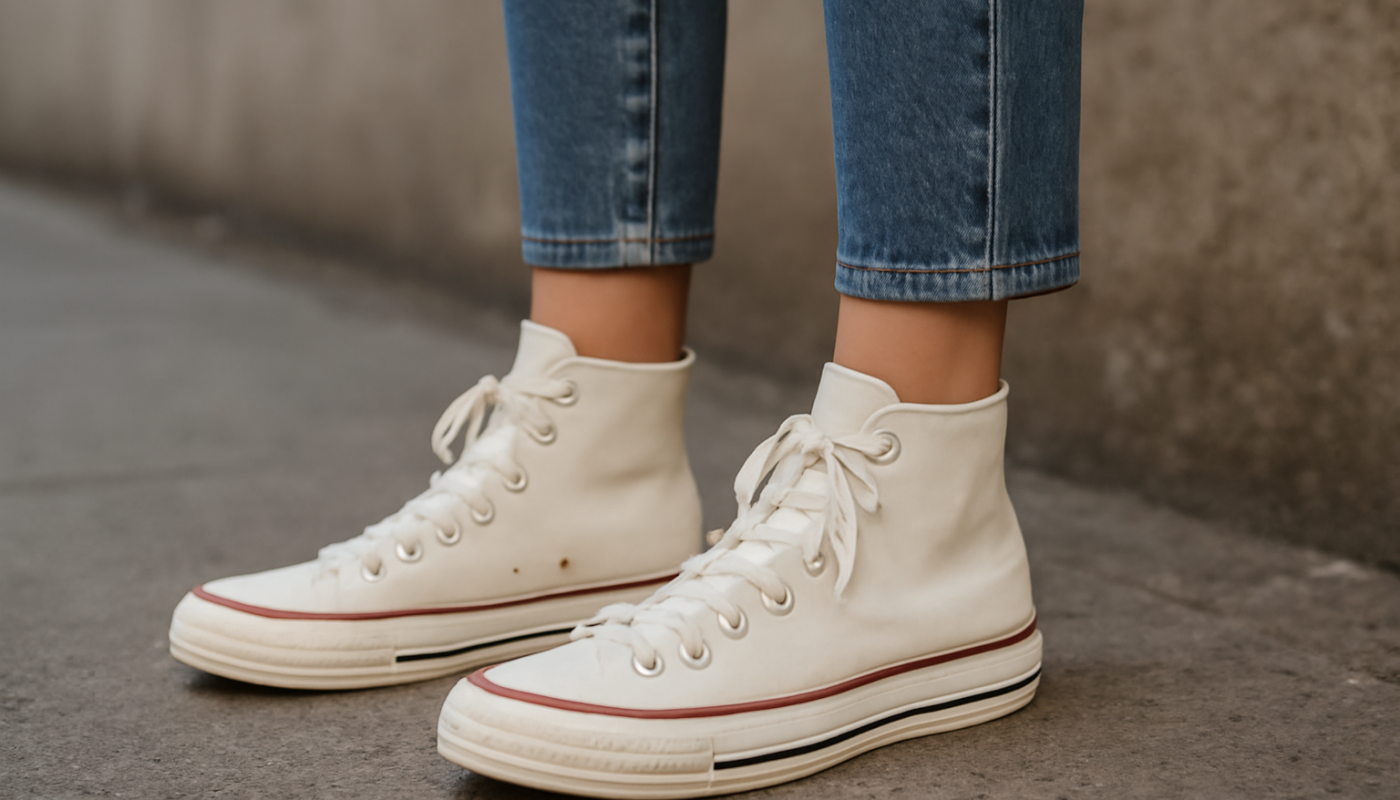 femme portant baskets montantes avec jean