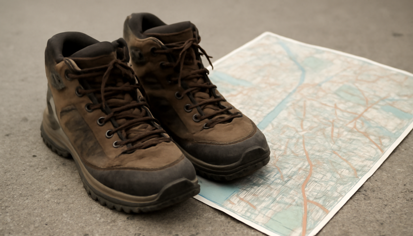 chaussures de marche posées près d'une carte urbaine