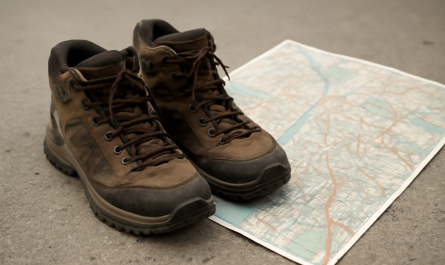 chaussures de marche posées près d'une carte urbaine