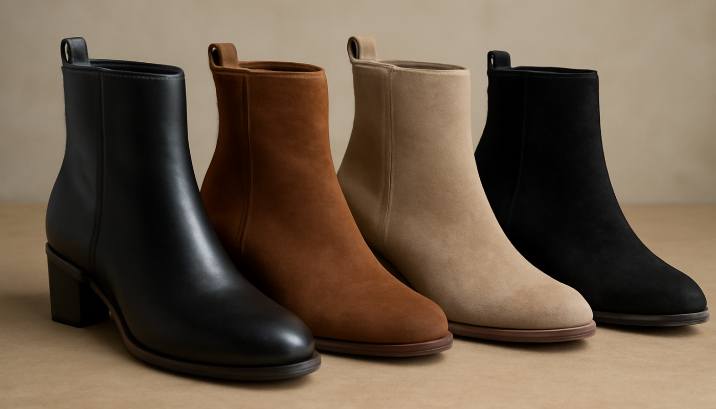 differents materiaux de bottines poses cote a cote