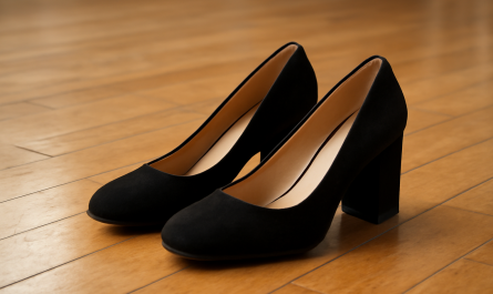 paire de talons blocs posée sur parquet de danse