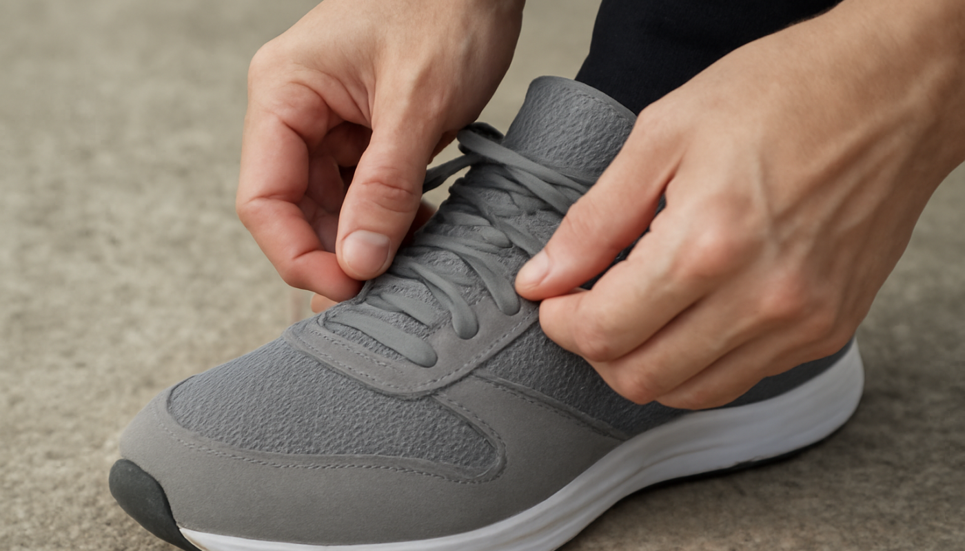main ajustant le laçage d'une chaussure de sport