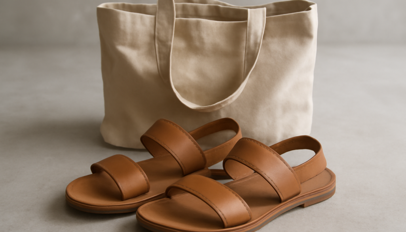 sandales posees a cote d_un sac en toile