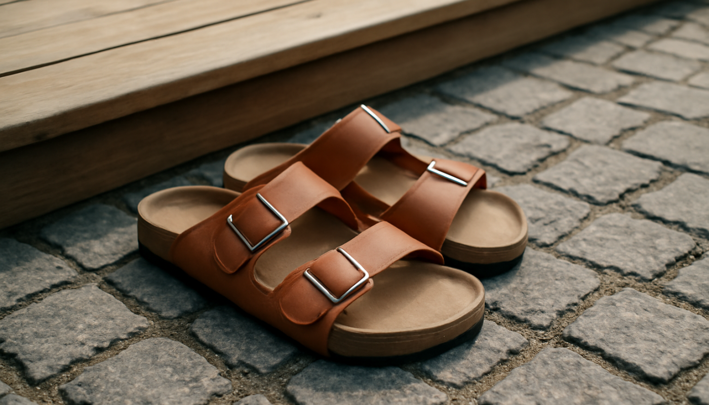 sandales posées sur pavé près d'une terrasse