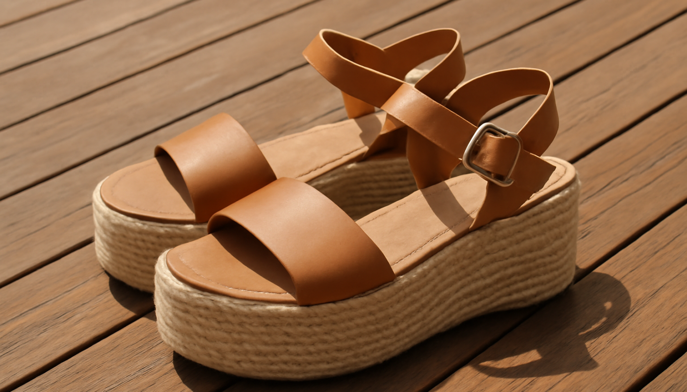 paire de sandales à plateforme sur terrasse en bois