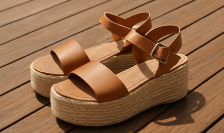 paire de sandales à plateforme sur terrasse en bois