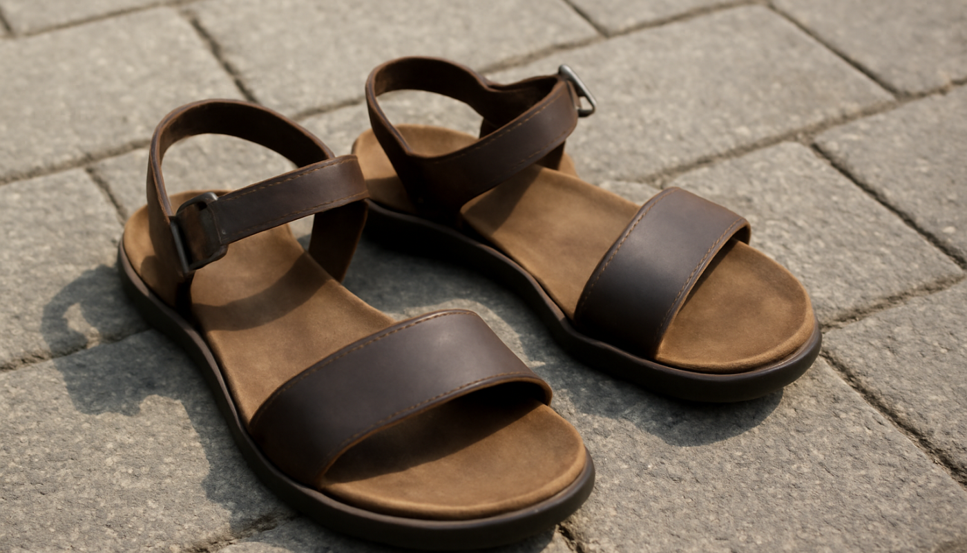 sandales posees sur sol de promenade