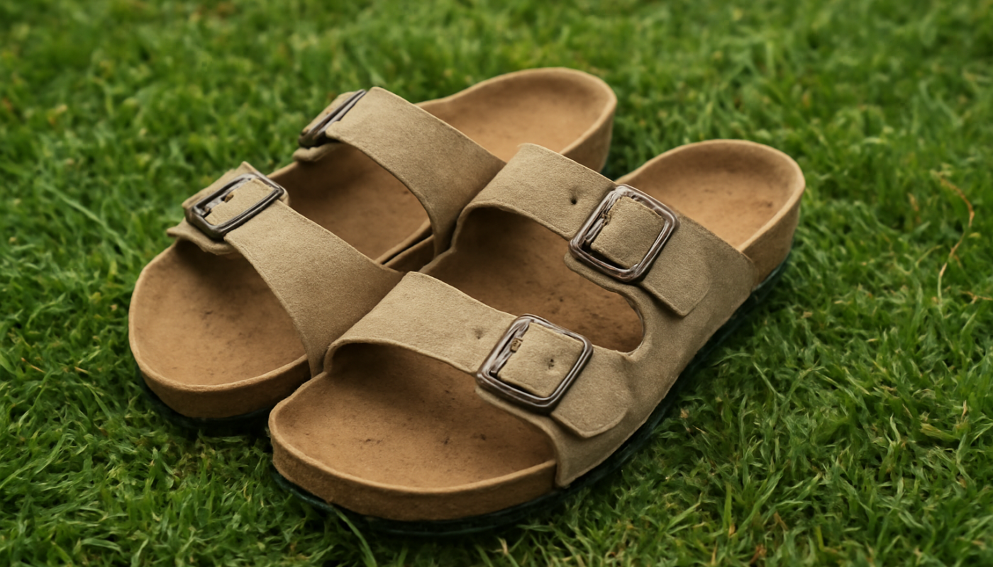 sandales posées sur herbe humide