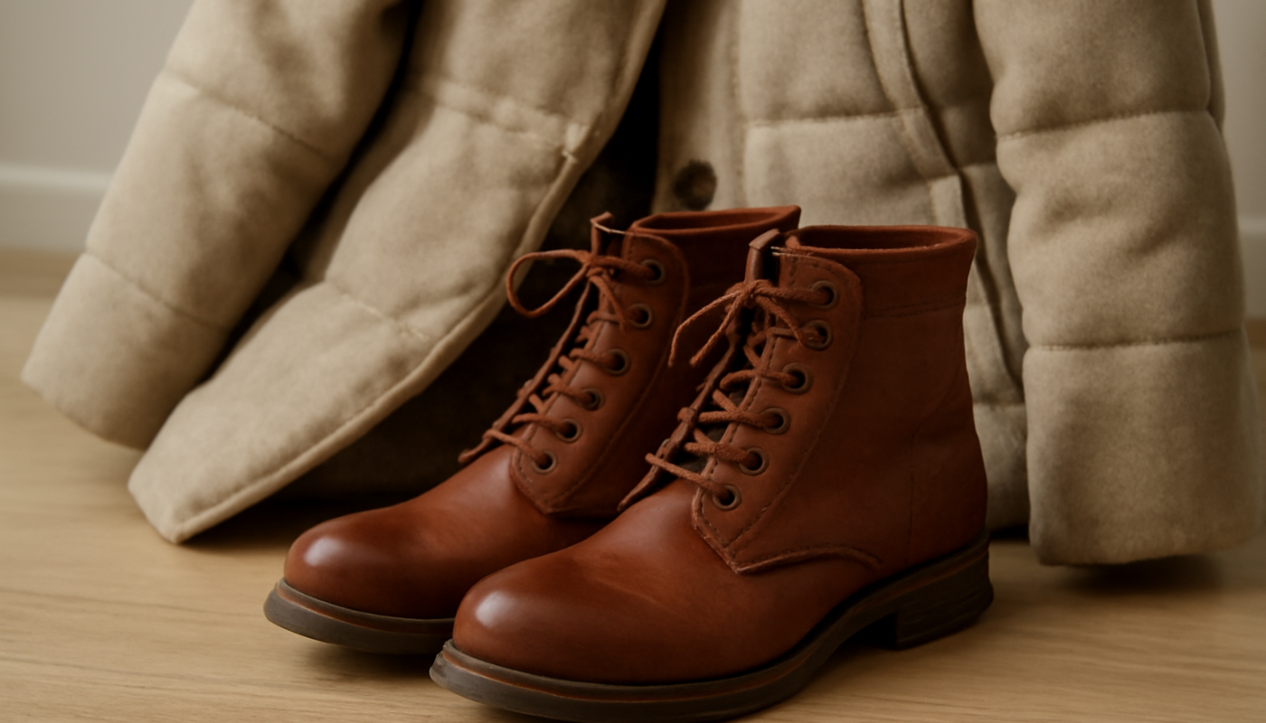 bottines posées près d'un manteau d'hiver
