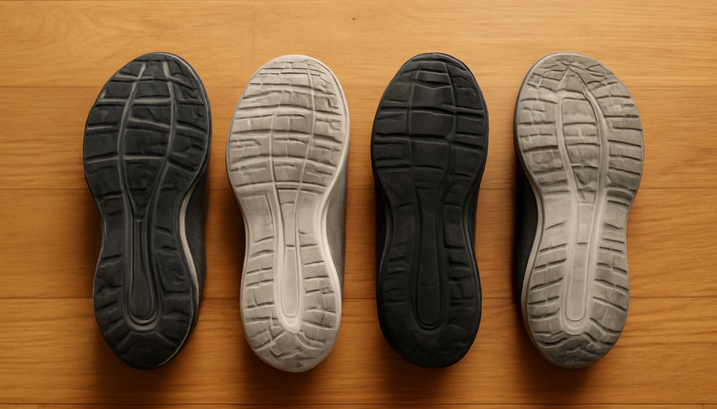 semelles chaussures de sport alignées sur parquet