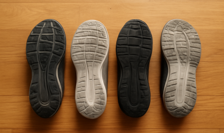 semelles chaussures de sport alignées sur parquet