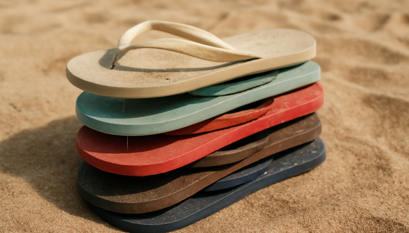plusieurs tongs empilees sur sable