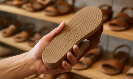 main testant la semelle d'une sandale en boutique
