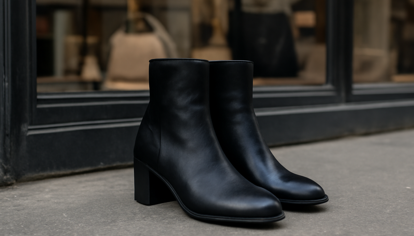 bottines posées devant vitrine urbaine