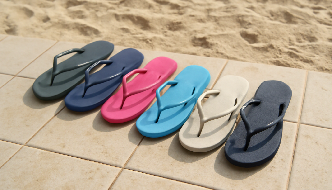 tongs alignées sur carrelage de plage