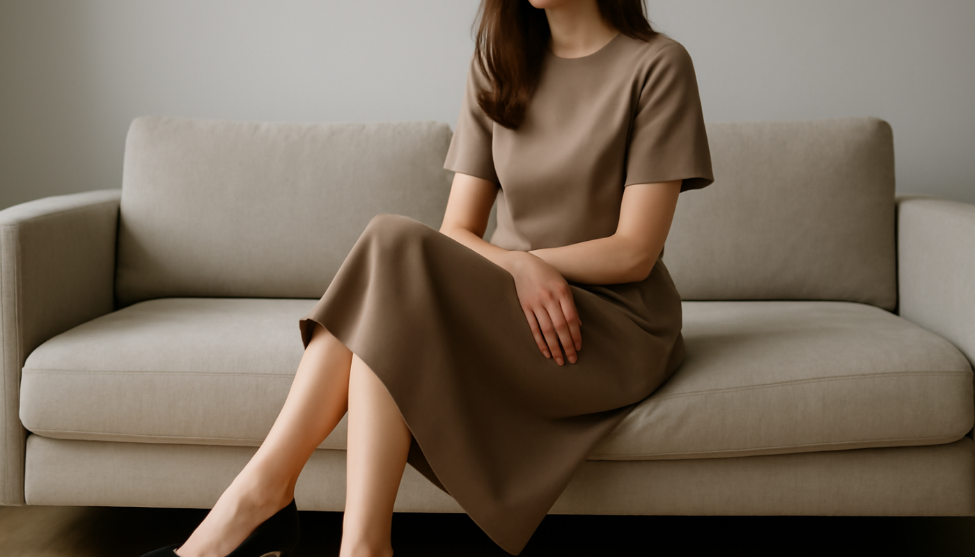 femme assise portant talons et robe midi