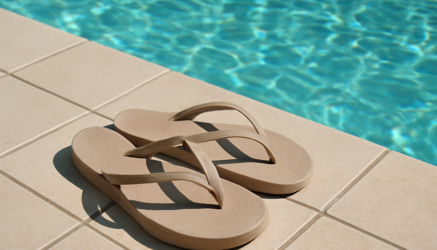 tongs posées près d'une piscine et carrelage
