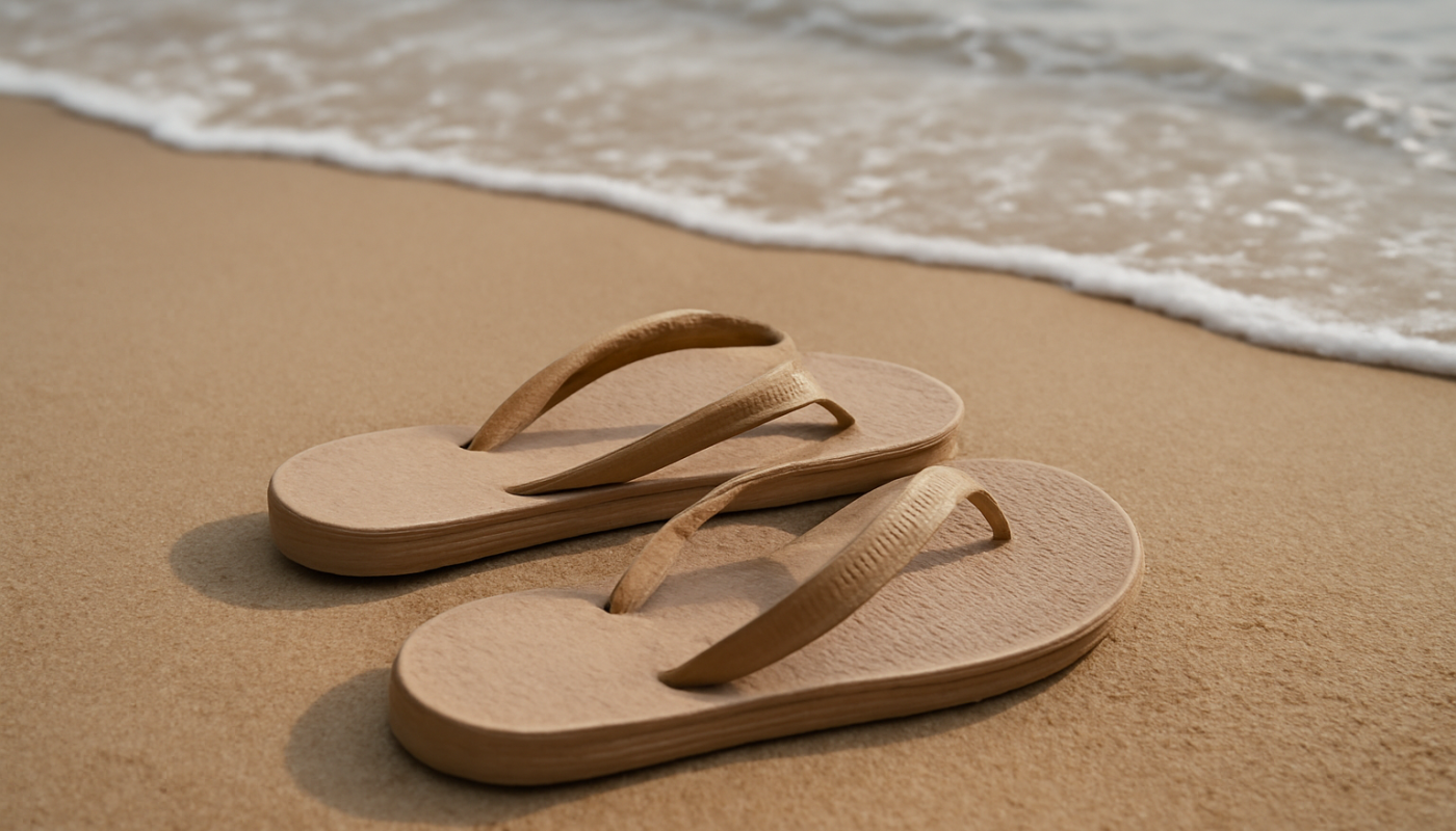 tongs posées sur sable fin au bord
